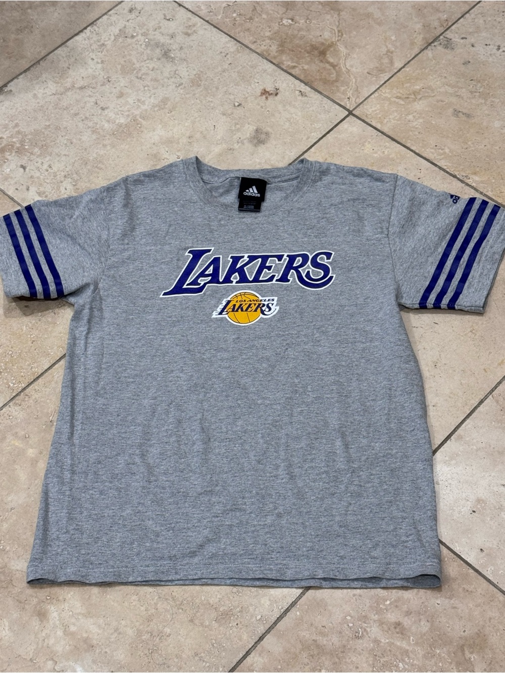 adidas Gray Lakers Short Sleeve Tee with Purple and Yellow Logo
